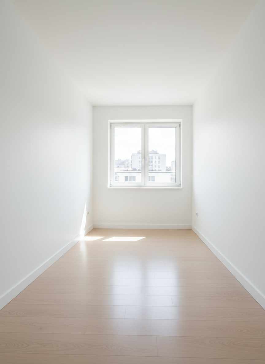 Post-renovation cleaning with construction dust removal, clean empty room, no text