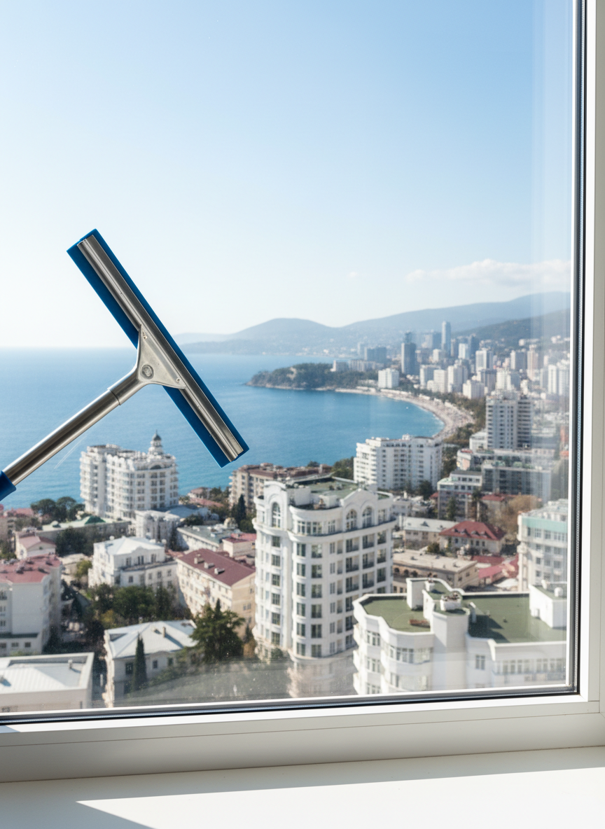 Professional window cleaning with squeegee, crystal clear glass, sea view, no text