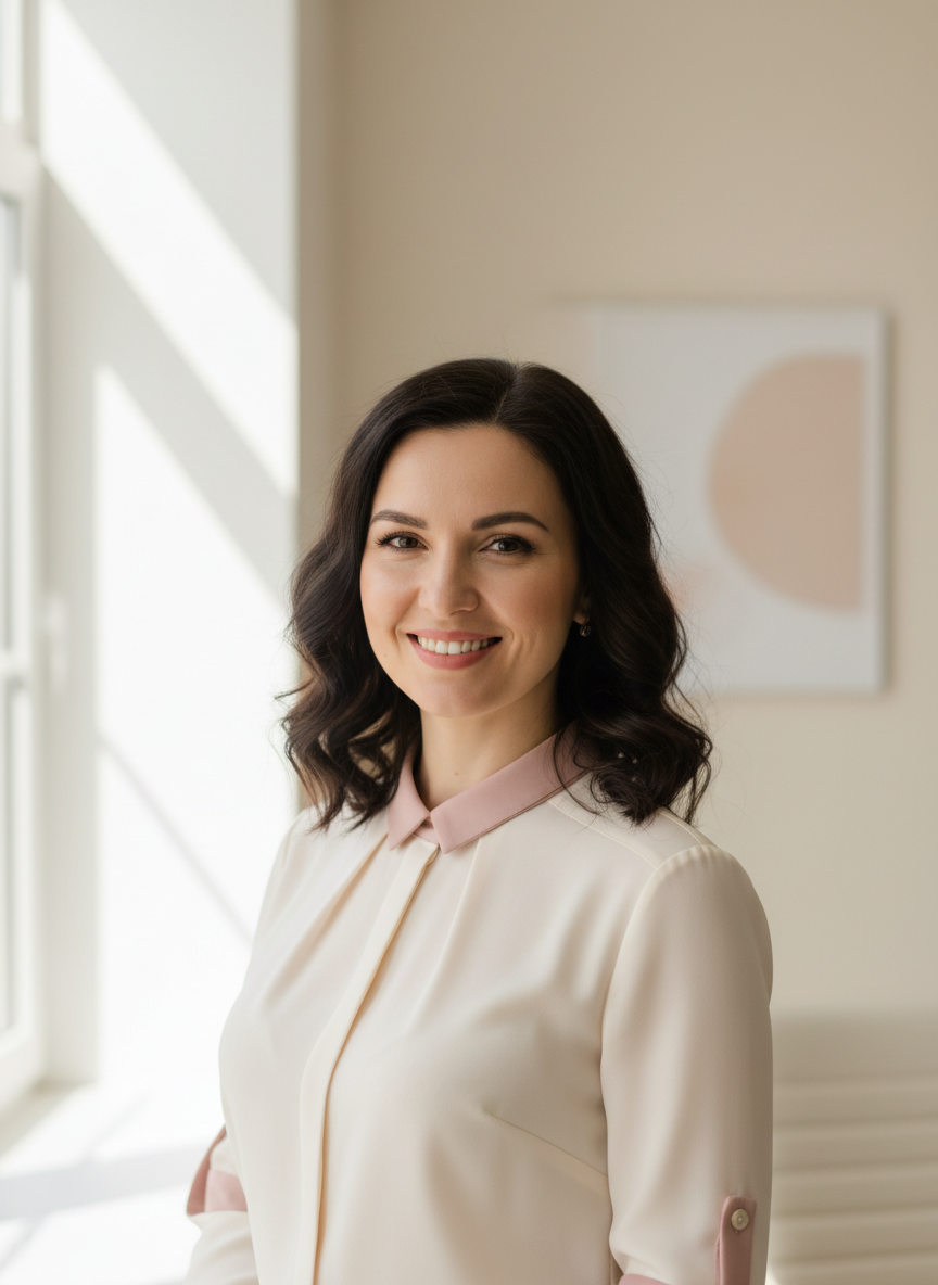 Russian female business owner, founder of cleaning company, professional portrait, warm smile, pink accent in clothing