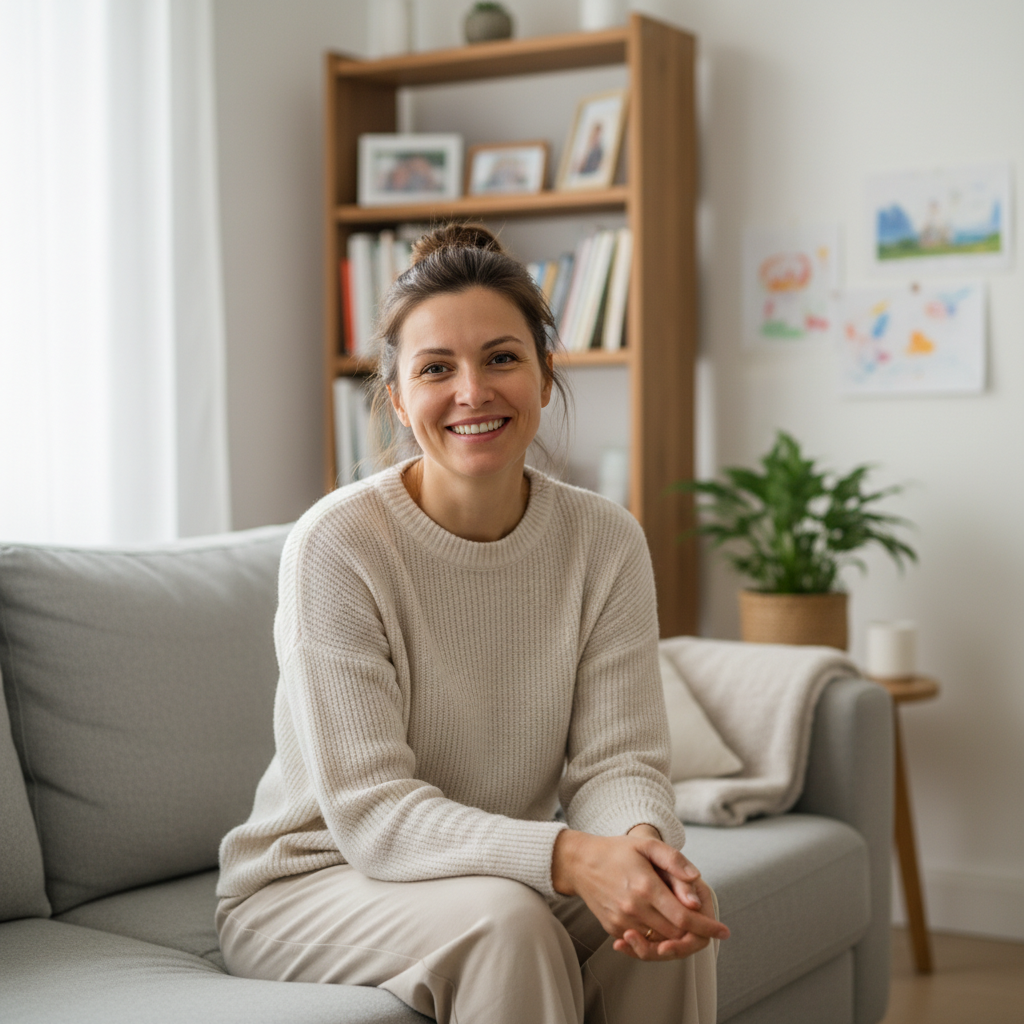 Russian female customer portrait, middle-aged, friendly smile, casual attire