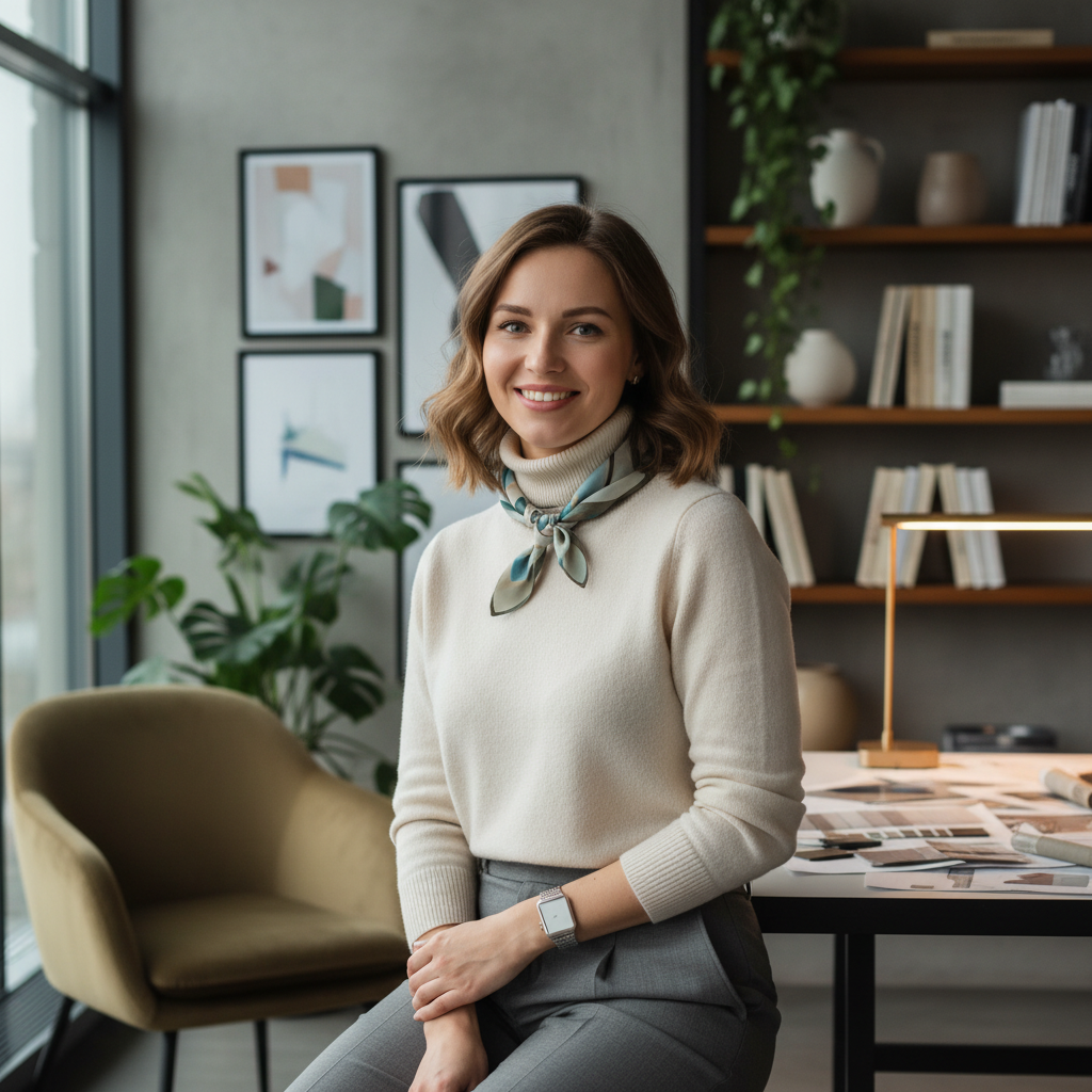 Russian female customer portrait, young professional woman, modern style